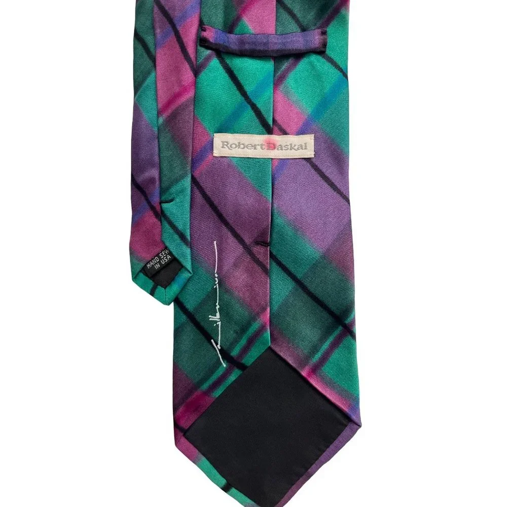 VTG Y2K Robert Daskal Hand Painted Silk Wide Tie Necktie Plaid Purple Teal 60X4